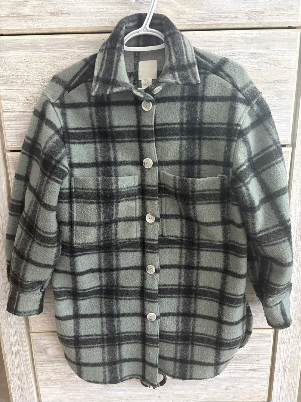 H&M Plaid Button-Up Shacket in Sage and Black